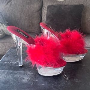 Red furry pleaser mules